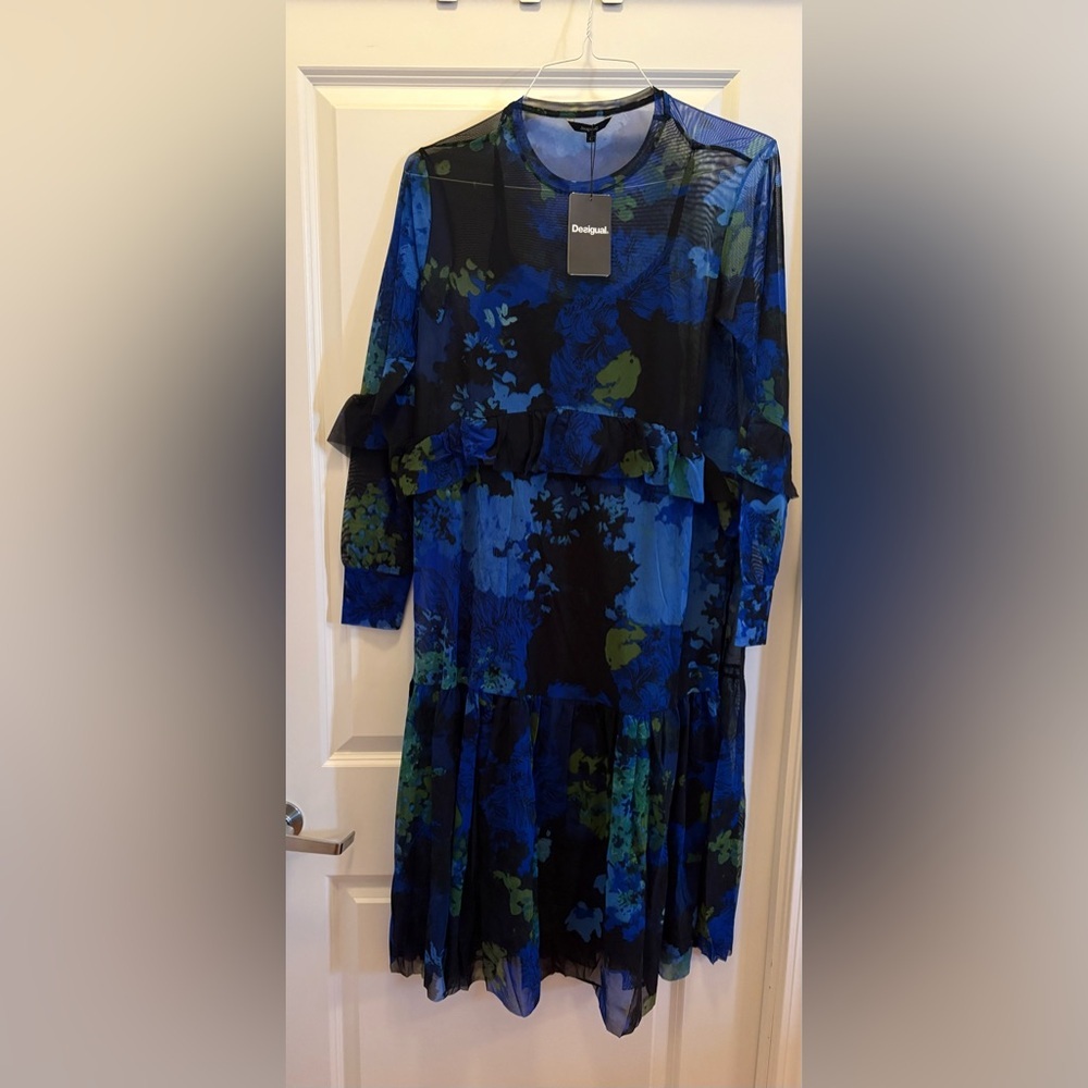 Desigual Floral Mesh Layered Midi Dress Blue Black Size L NWT - Picture 17 of 17